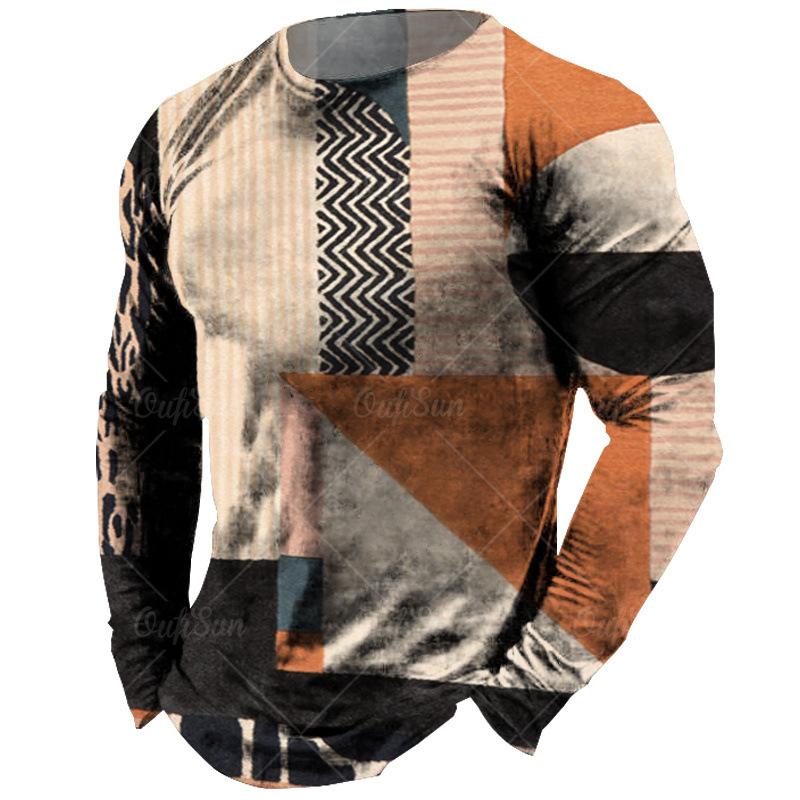 Round Neck 3D Irregular Color Matching Printed Top Fashionable Casual Long Sleeved Men's T-shirts