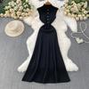 Summer Designer Solid Hollow Out Long Knitting Dress Women Elegant Half Turtleneck Sleeveless Slim Knitwear Sweater Dresses Female