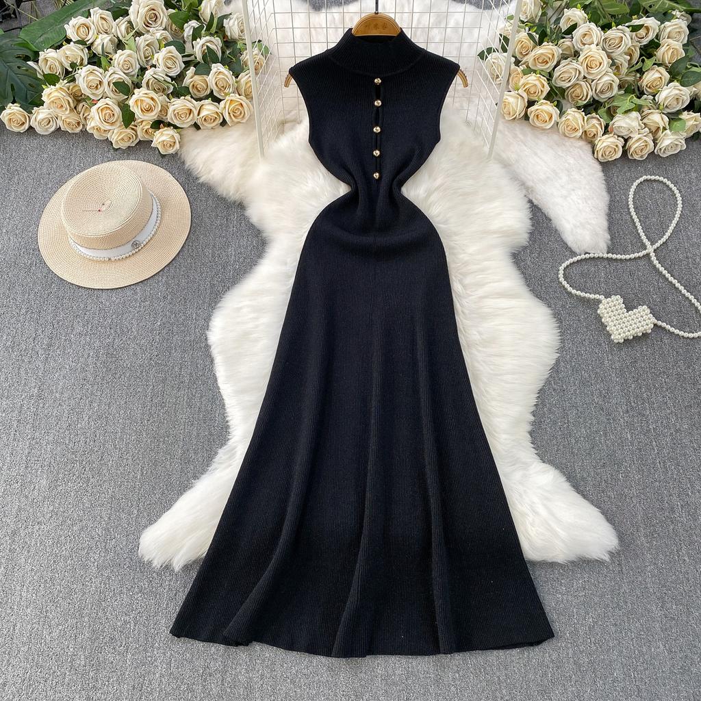 Summer Designer Solid Hollow Out Long Knitting Dress Women Elegant Half Turtleneck Sleeveless Slim Knitwear Sweater Dresses Female