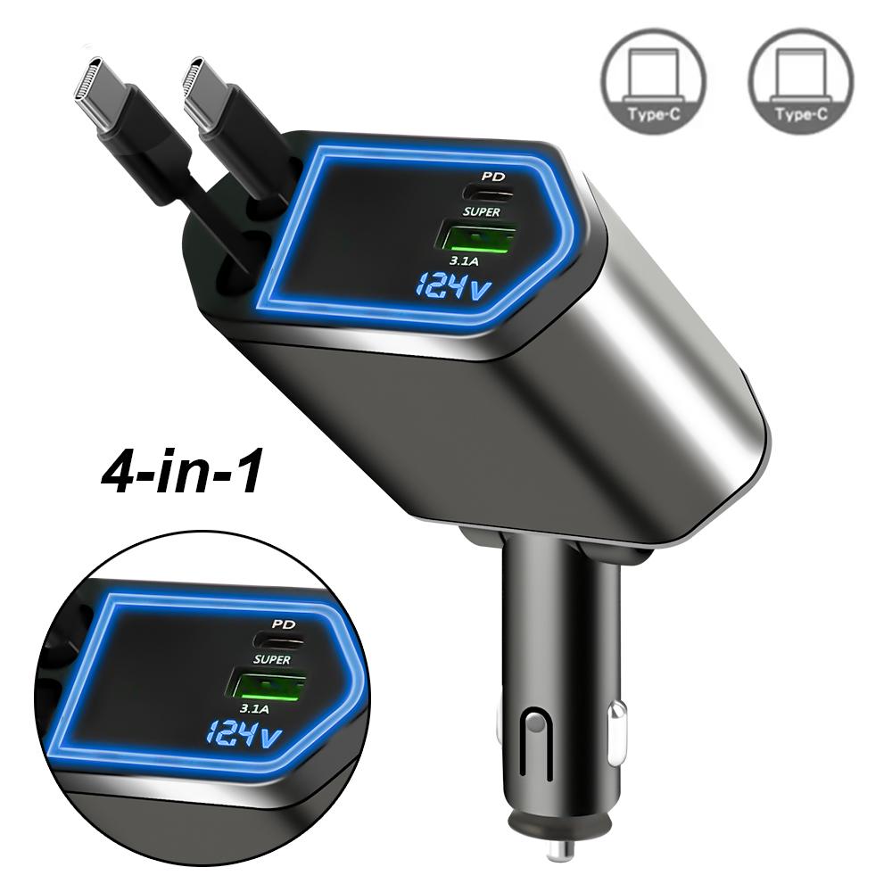 4/5-in-1 120W Retractable Car Charger Fast Charger USB+PD Power Adapter Phone Charger with Voltage Display For IOS Android Phone