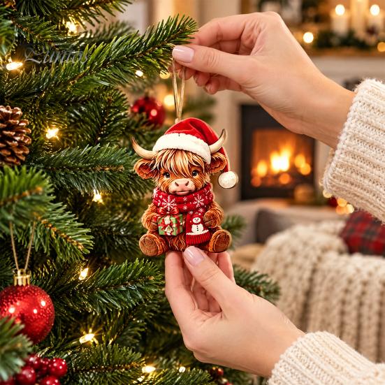 Creative Christmas Ornament Set Highland Cow Set, 2D Flat Wooden Decorative Lanyard Decor Hanging with String, Holiday Tree Party Decoration