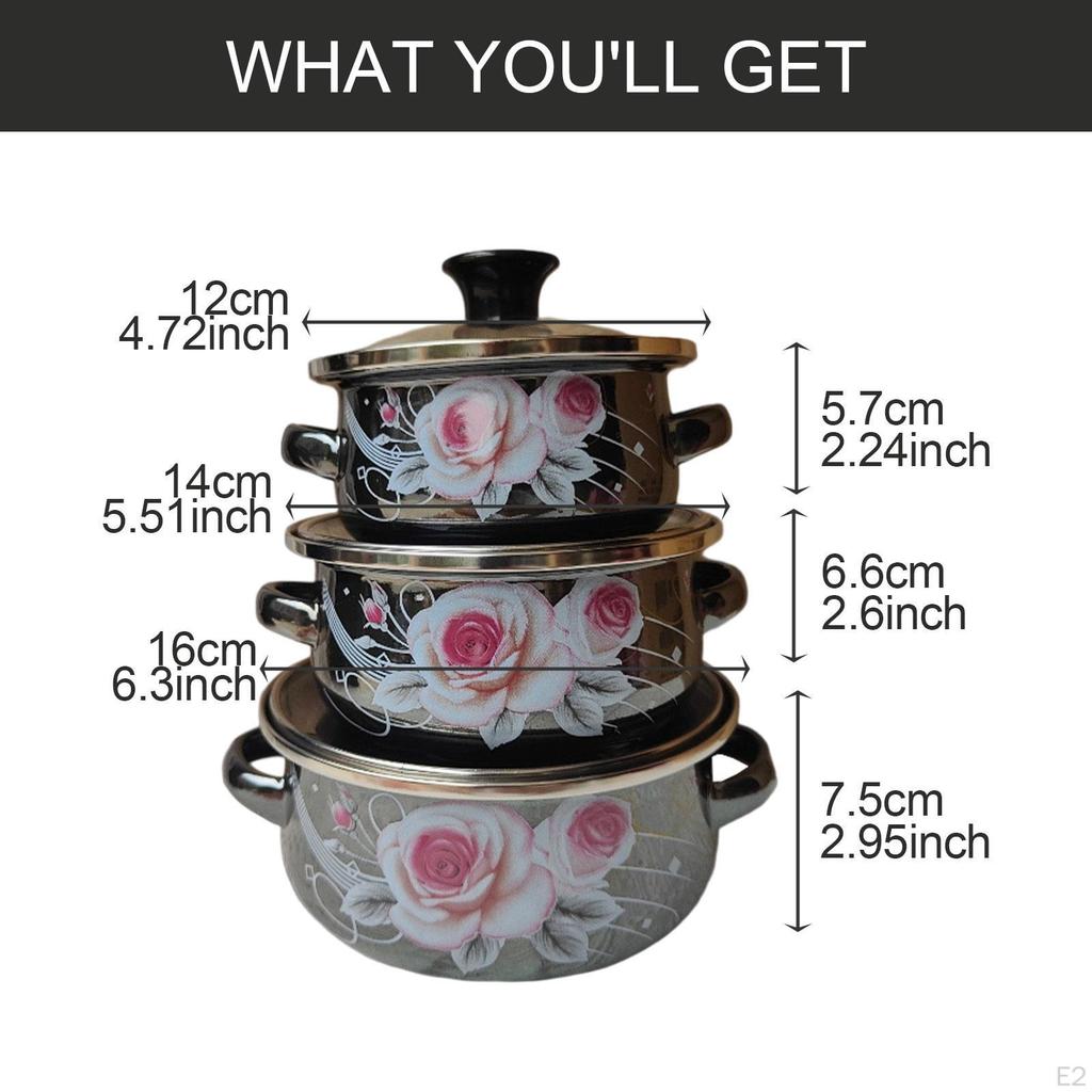 Set of 3 Enamel Stockpots with Lids and Handles for Cooking Soup At Home