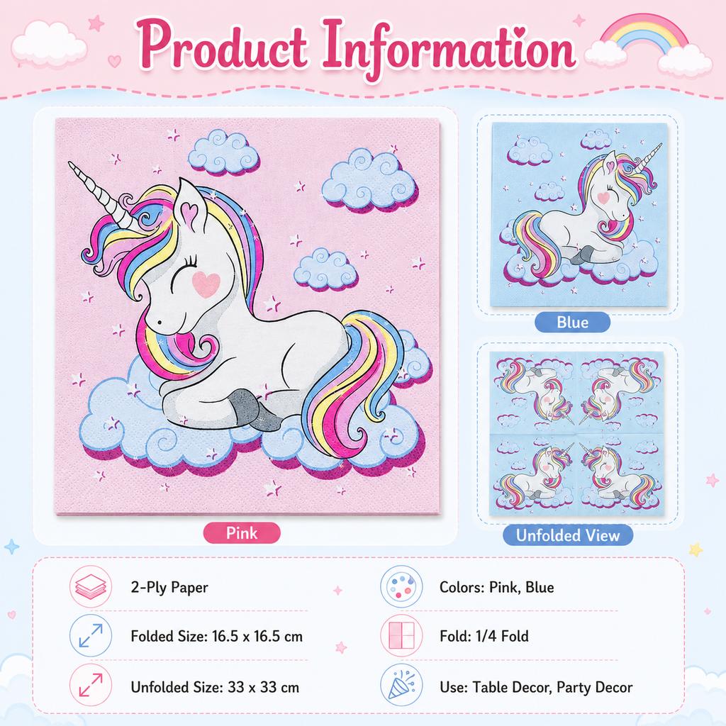 Pink Blue Unicorn Paper Napkins