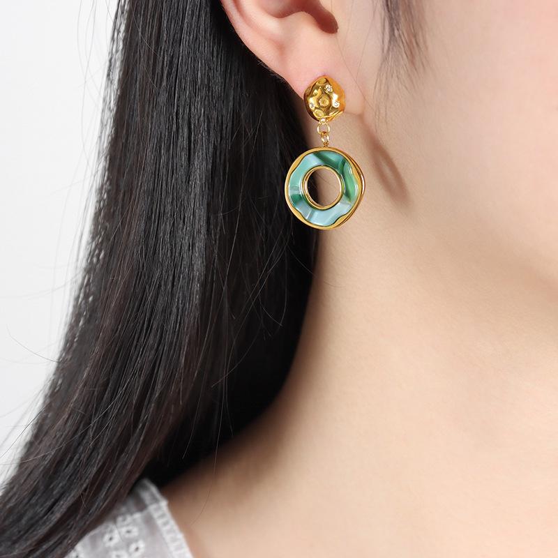 Gold-Plated Green Resin Rhinestone Stud Earrings with Round Pendant