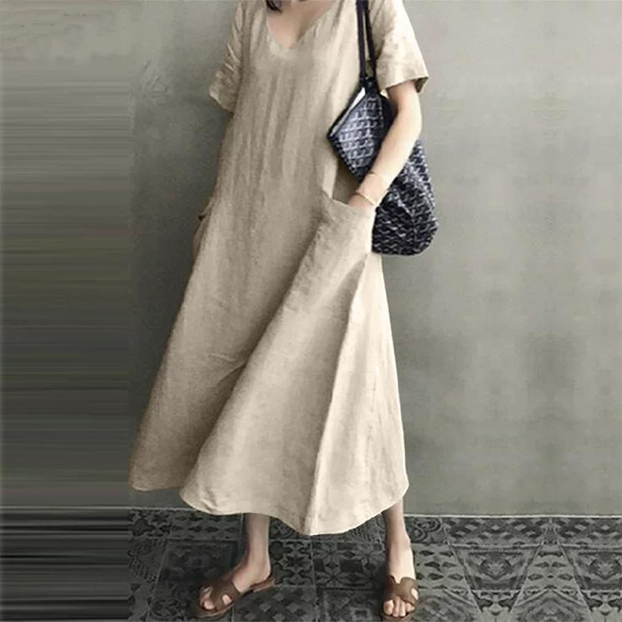 Creative Style Summer Bohemian Chinese Style Retro Women's Cotton Linen V-Neck Loose A-Line Dress