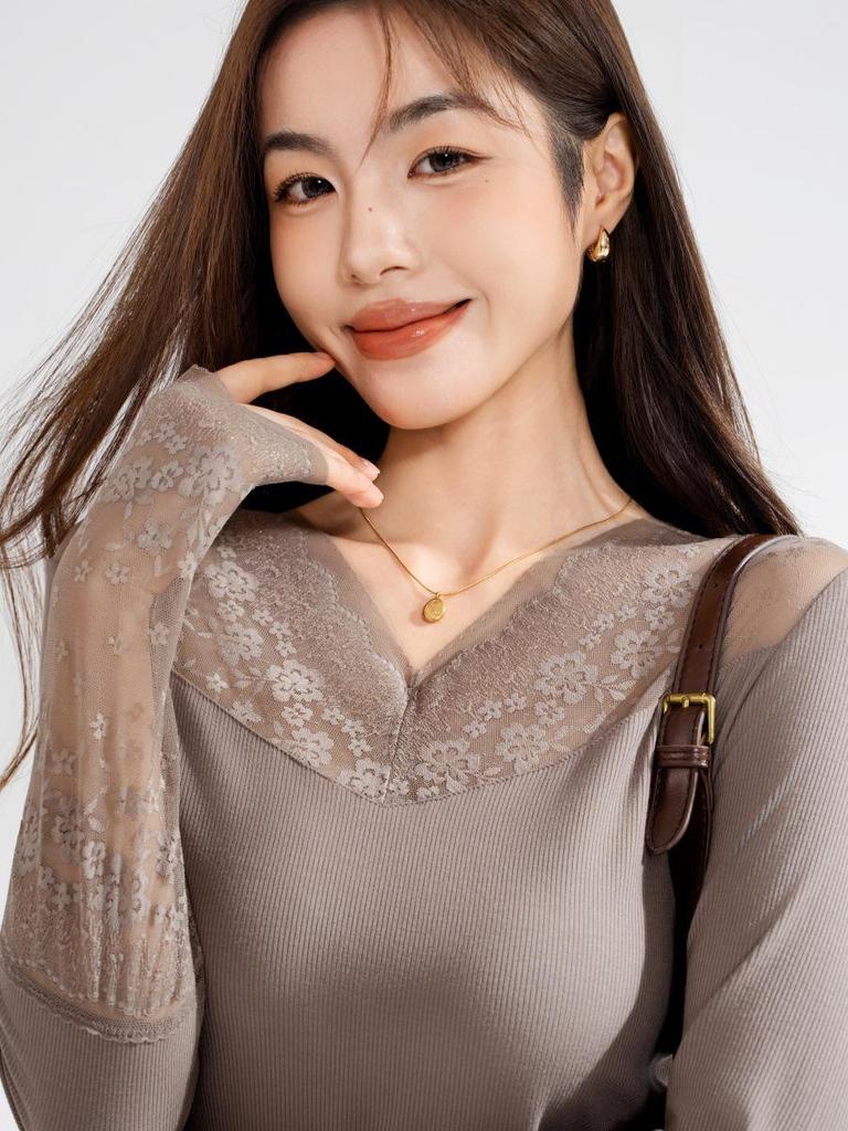 966 Sexy Lace Long Sleeve Mesh Top - Soft, Comfortable, and Skin-Friendly Women's Base Layer for Autumn/Winter.
