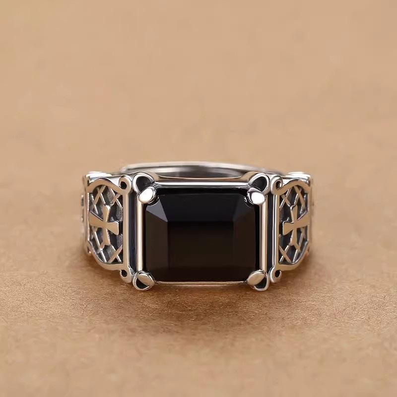 Silver Color New Cross Ring Men's Personality Dominant Trend Hip Hop Single Ring Black Stone Jewelry