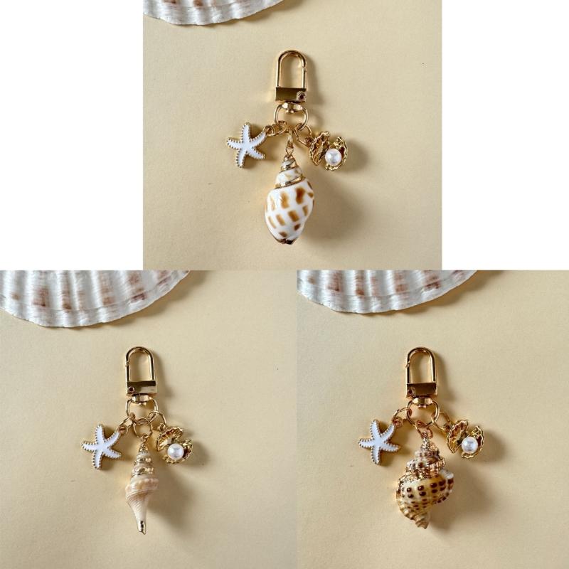 Oceanic Shell Alloy Keychain Pearls Accent Lightweight Versatile Purse Charm Jewelry Multi Functional Accessory