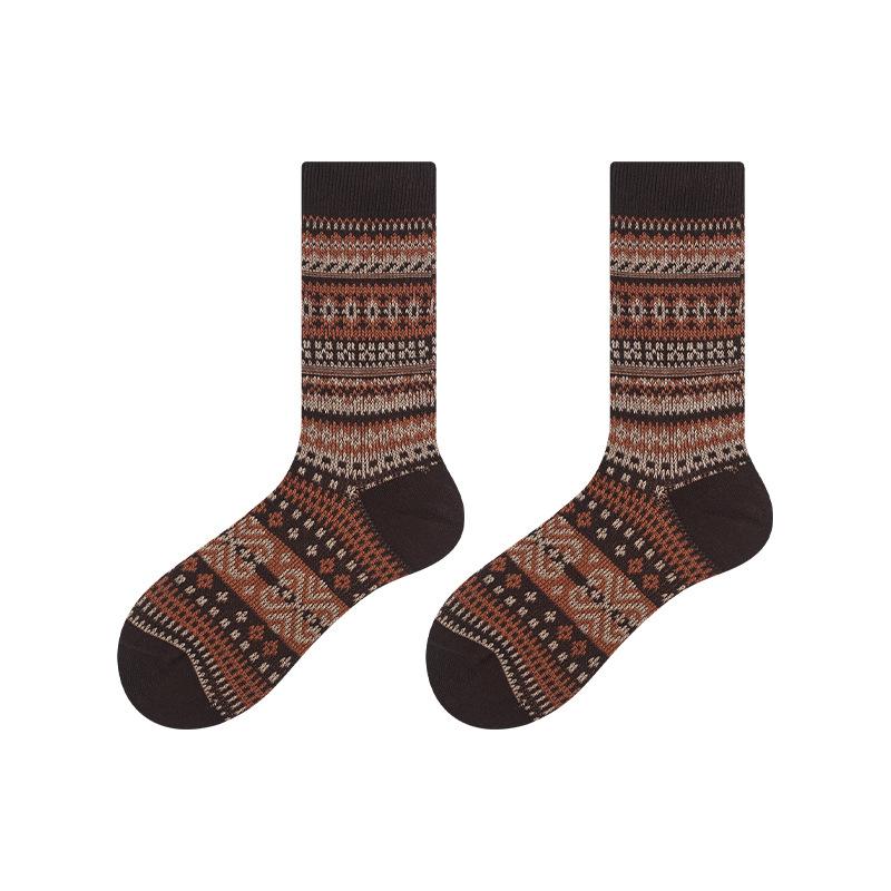Ethnic Style Socks Women'S Season Double-Needle Cotton Socks Medium Tube Socks Warm Versatile Retro Trend Flower Socks