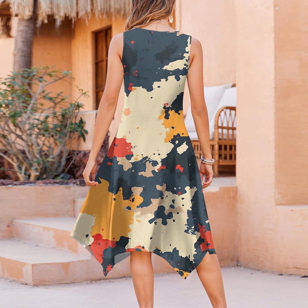 Women Casual Sleeveless Summer Dresses  Spring Crewneck Patchwork Boho Floral Ruffle Cocktail Party Midi Dress