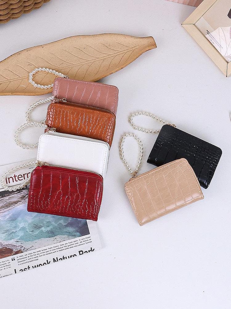 Women's Korean Style Short Wallet with Pearl Chain, Stone Texture, Card Slots, and Money Clip