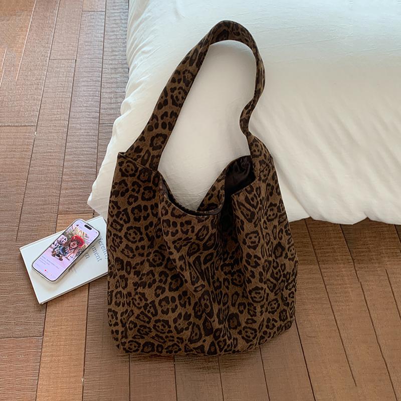 Yogodlns Large Capacity Retro Leopard Print Canvas Tote Bag Women's Commuter Single Wide Strap Underarm Handbag for Winter