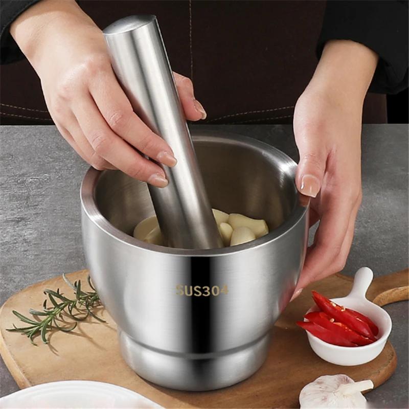 304 Stainless Steel Garlic Masher Stone Mortar Garlic Mortar Mashing Tank Household Tamping Medicine Ramming and Grinding