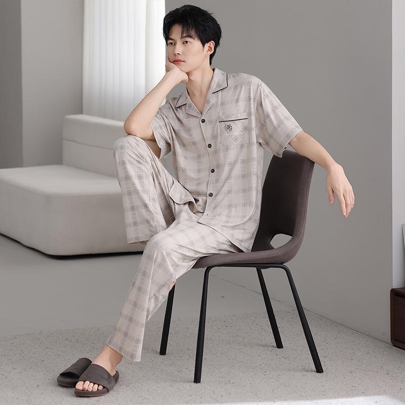 Modal men's pajamas summer thin short-sleeved trousers cold silk cool casual large size dad loungewear set