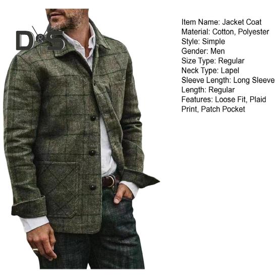 Men Jacket Coat Lapel Long Sleeve Plaid Print Coat with Patch Pocket Single Breasted Loose Fit Casual Outwear