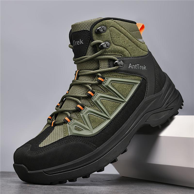 Men Black High Top Trekking Boots Breathable Mesh Patch Anti Slip Thick Lug Sole Outdoor Mountain Hiking Casual Shoes