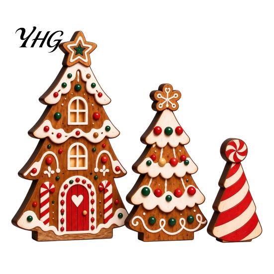 Festive Gingerbread House Decorations 3 Pcs Wooden Christmas Tree Tabletop Sign, 2D Flat Shaped Holiday Tiered Tray Decor Block Farmhouse Centerpiece