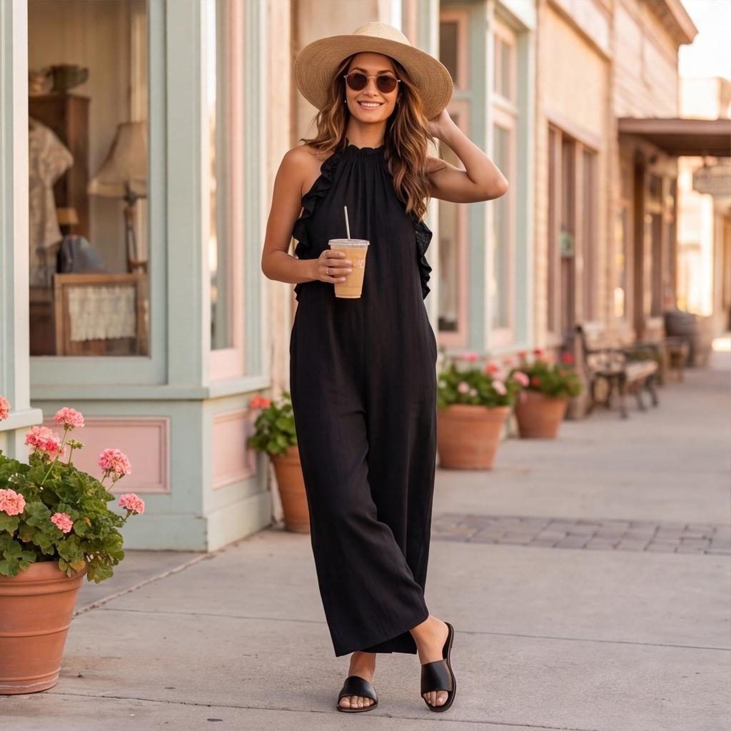 Sleeveless Ruffled Neck Maxi Dress Loose Fit Long Dress Lightweight Flowing Fabric Summer Style for Women
