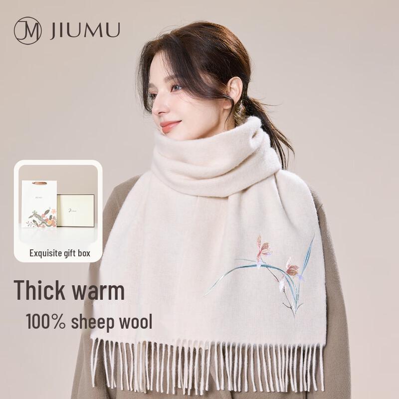 JIUMU Women s Pure Wool Embroidered Winter Scarf One Size