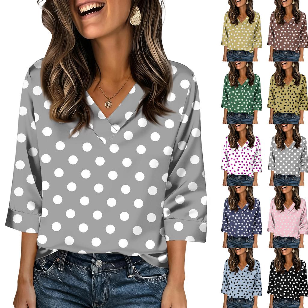 Women’s V Neck Polka Dot Print Blouse Relaxed Fit Three Quarter Sleeve Casual Top for Daily Wear Office Travel