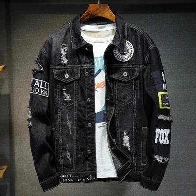 Erkek Kot Ceket Sokak Punk Motosiklet Yırtık Baskı Kovboy Mont Yüksek Kaliteli Rahat Delik Gevşek Erkek Kot Dış Giyim