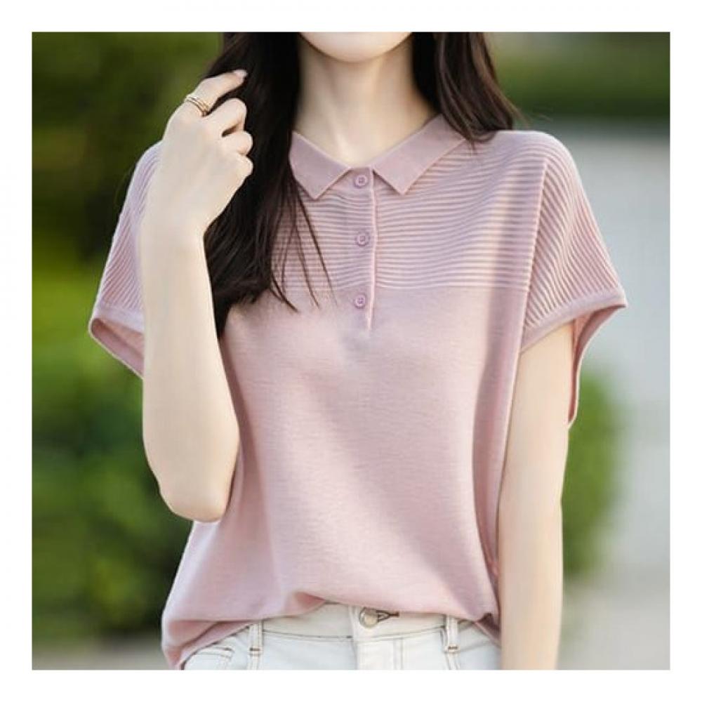 Navava Women Simple Rib Cap Sleeve Collar KniT T shirT Nk2212