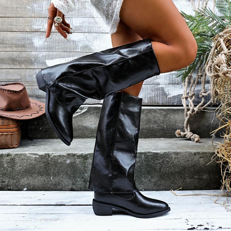 Fashion Vintage Wrinkled Soft Leather Wandering Boots Women 2025 Autumn Pointed Toe Medium Heel Slip On Knee Boots Fashion Y2K Shoes