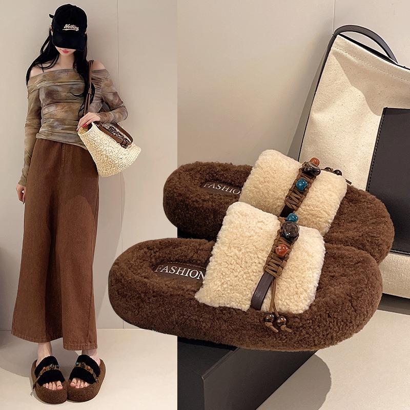 Fashion fringed wool slippers women's wear autumn new retro round head thick bottom wool slippers women