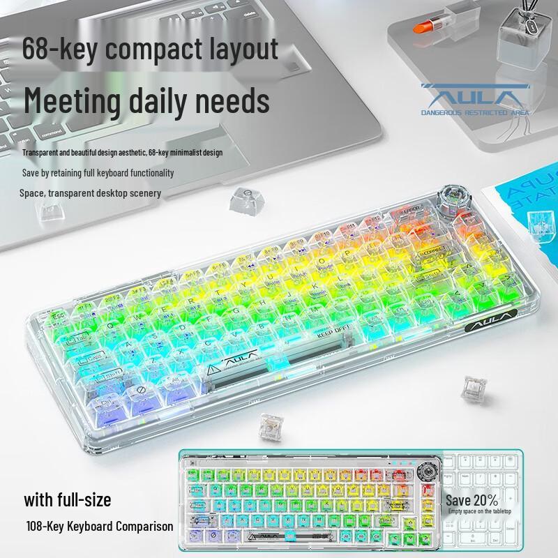 AULA F68 Mechanical Keyboard: Transparent RGB, Bluetooth Wireless, Three-Mode, Custom Hot-Swappable.