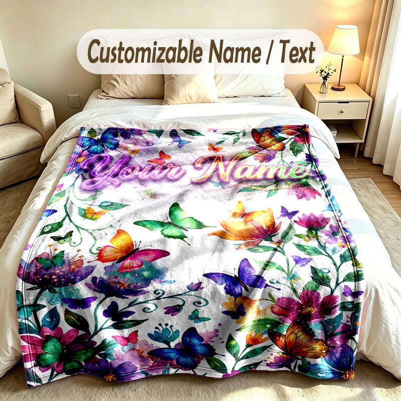 Butterfly Theme Soft Blanket Personalized Custom Name Text Print Warm Blanket Home Sofa Bedroom Decor