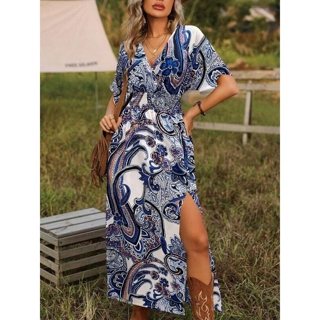 Böhmisches Print V-Ausschnitt Lockeres Midi-Kleid mit Schlitz, Neues Mode-Herbstkleid für Damen, Lässiger Europäisch-Amerikanischer Stil für den grenzüberschreitenden Handel