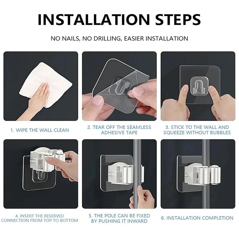 4pcsMop Holder Storage Rack Bathroom Suction Hanging Pipe Traceless Mop Clip Broom Hanger Wall-Mounted Waterproof Mop Rack White