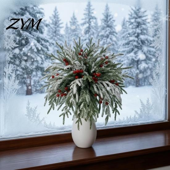 DIY Christmas Garland Decorations Artificial Snow Pine Branches And Red Berry Stems, Snowy Norfolk Stem, Faux Stems for Vase White Frosted Needles