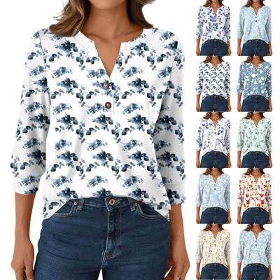 Γυναικείο Μόδα Casual Μπλουζάκι 3/4 Μανίκι Prints V-Λαιμόκοψη Κουμπωτό Τοπ