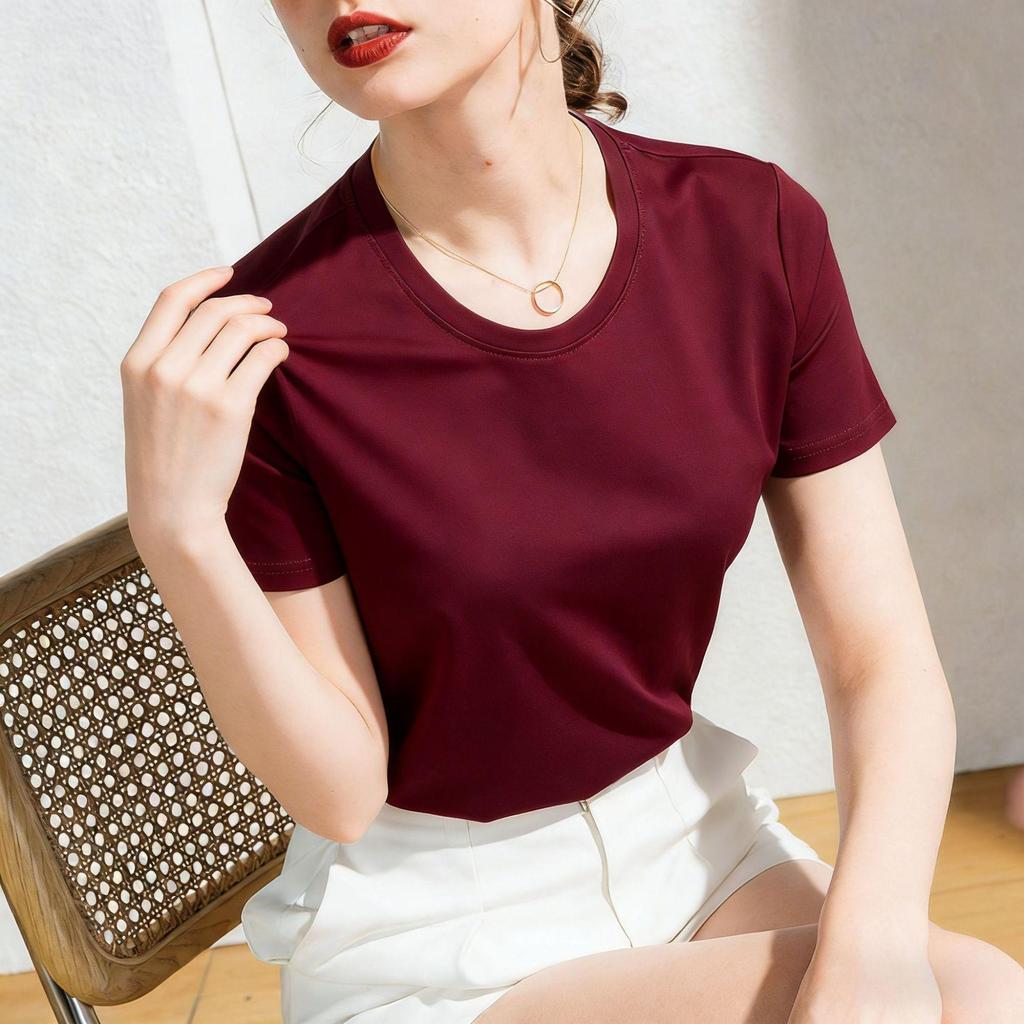 Women's High-End White Mercerized Cotton T-Shirt - Summer 2026 Pure Cotton Short Sleeve, Round Neck, Loose Fit, Slimming Top