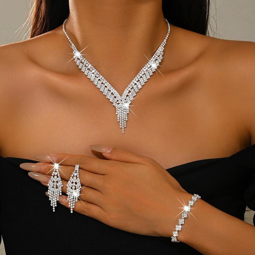 Sparkling Tassel Drop Earrings Statement Necklace Jewelry Set