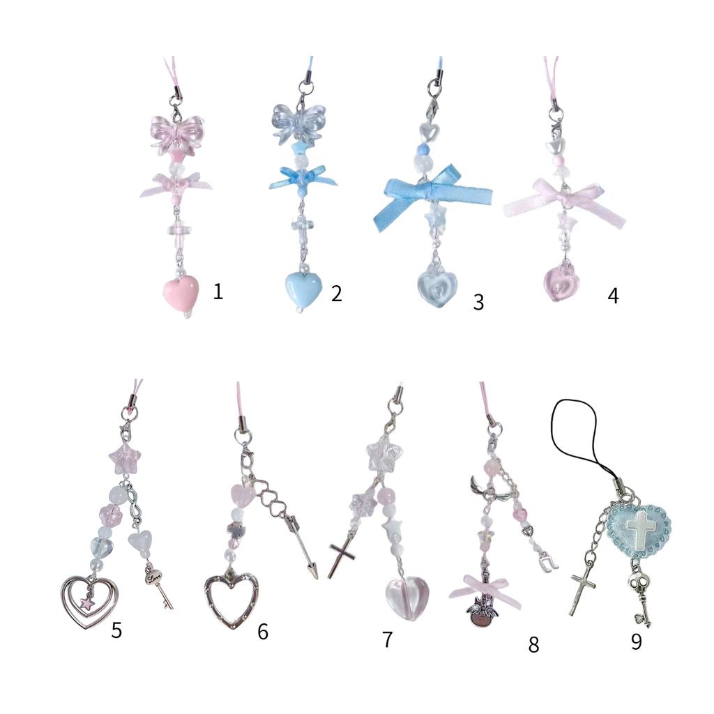 Handmade Beaded Phone Chain Sweet Bowknot Heart Cellphone Charm Stylish Keyring Pendant Keychain Women Bag Accessory