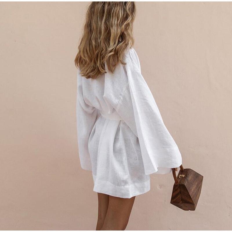Women's Lace Up Mini Dress Spring Long Sleeve V-neck Cotton Linen Sashes Dresses Casual Loose Kimono Cardigan Dress