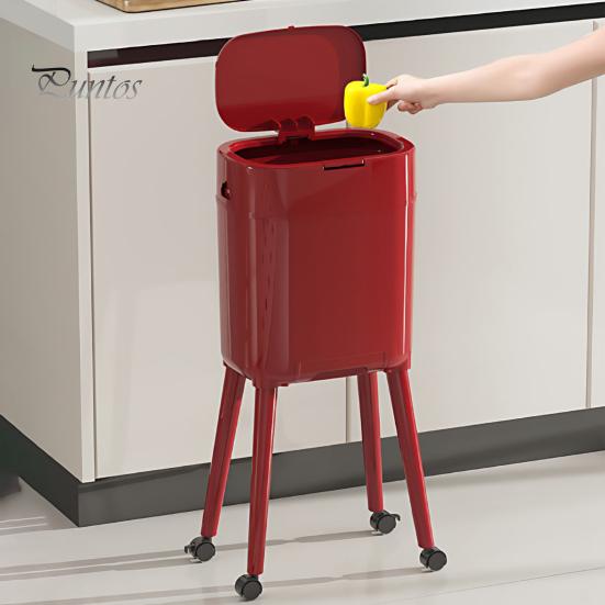 Kitchen Trash Can with Wheels Heightened Legs And Wheels, 16L Capacity Press On Lid Easy Clean Plastic Bin Garbage Bin, Retro Style Waste Container