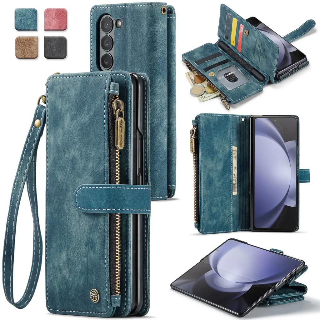 CaseMe Ledertasche für Samsung Galaxy Z Fold 6 5 Reißverschluss-Geldbörse mit Stifthalter Lanyard 2-in-1-Design Kartenfächer Handyhülle