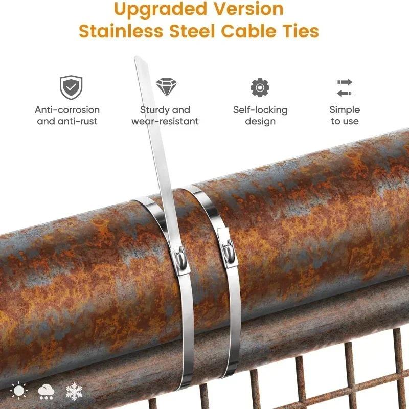 100Pcs Stainless Steel Cable Ties Metal Zip Ties Strap for Exhaust Wrap Multi-Purpose Heavy Duty Self-locking Fastening Ring