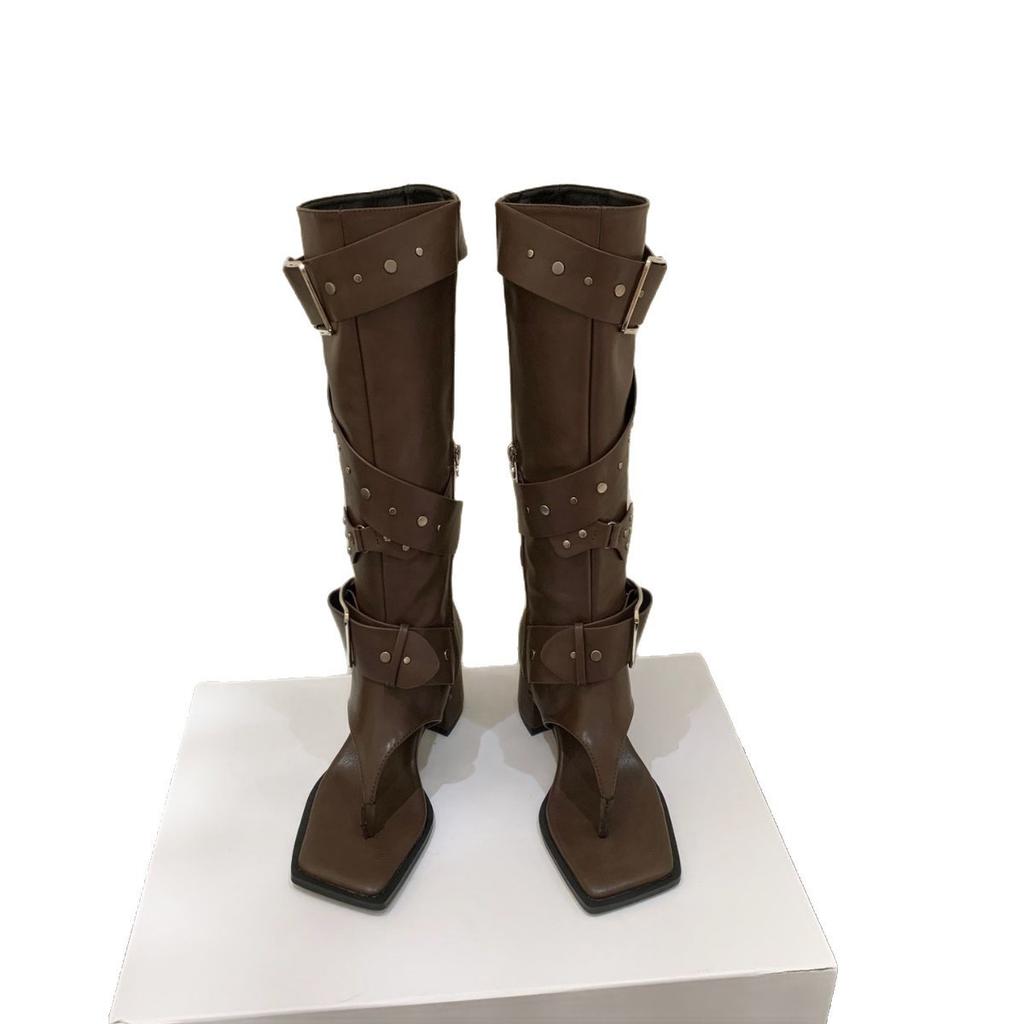 2025 Summer New Spice Girl Fried Street Toe Herringbone Cool Boots Women's Thick Heel Diagonal Long Boots Trouser Boots Western Boots