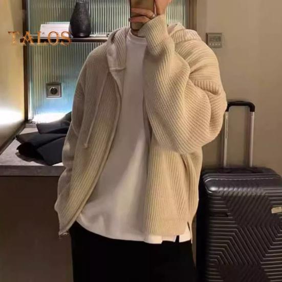 Herren Herbst Winter Pullover Mantel Mit Kapuze Kordelzug Lockerer Reißverschluss Lange Ärmel Kordelzug Mittellange Einfarbige Retro Strickjacke