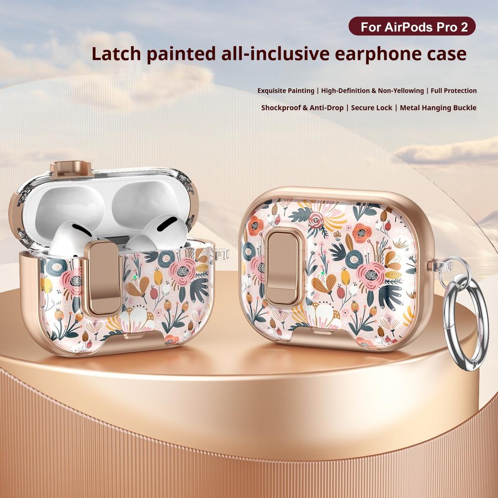 Latch Painted All-inclusive Earphone Case for AirPods Pro 3 & AirPods 4 Pro2 Cover with Switch Safety Lock+Bottom Stand Bracket