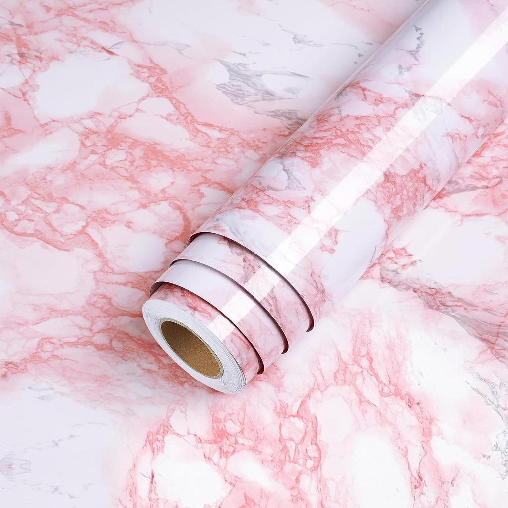 Glossy Pink Marble Contact Paper for Countertop Granite Wallpaper Self-Adhesive Removable Kitchen Waterproof Oil Proof Sticker