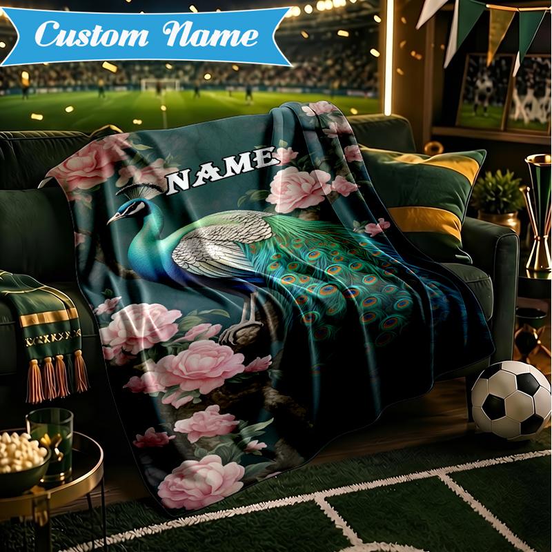 Custom Name Peacock Flowers Romance Blanket Lightweight Ideal Bedding Blanket Perfect for Travel, Camping, Living Rooms, Sofas, Christmas gift