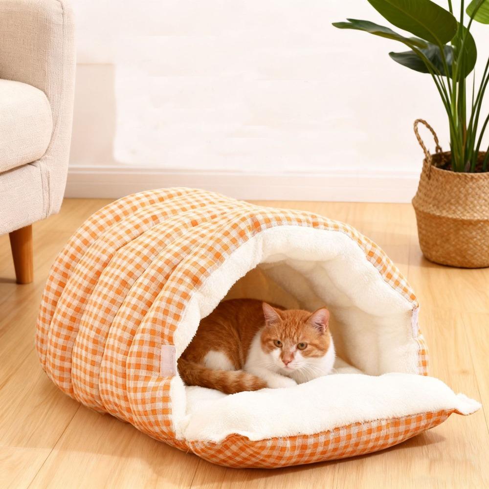 Warm Semi-sealed Pet Bed Checkered Pattern Cat Cotton Nest Winter Cat Bed for Rabbit Cats