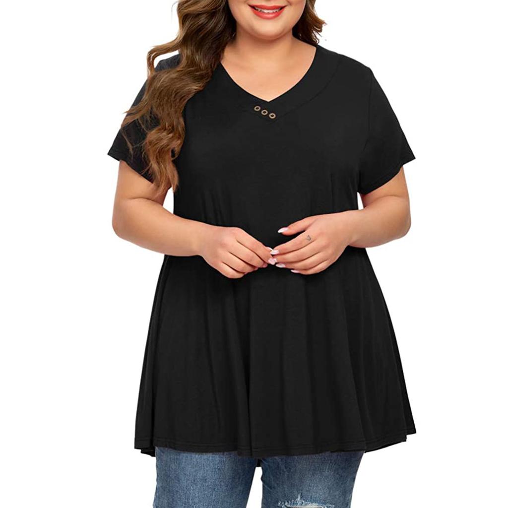 Large Size Women V-neck Button Short-Sleeved Color Loose Pullover T-shirt