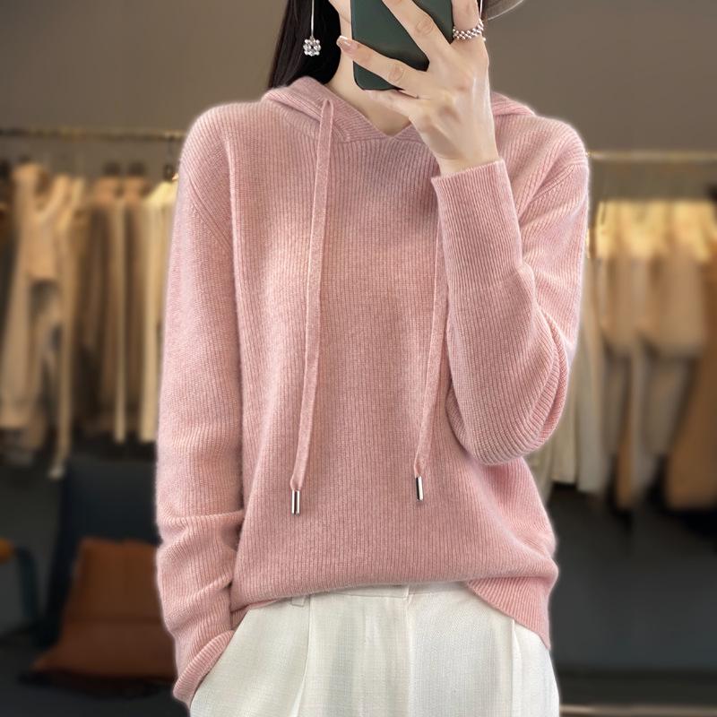 Women's Pure Wool Loose Knit Hoodie - Solid Color, Long Sleeve, Drawstring Hood, Casual Fashion Warm Pullover
