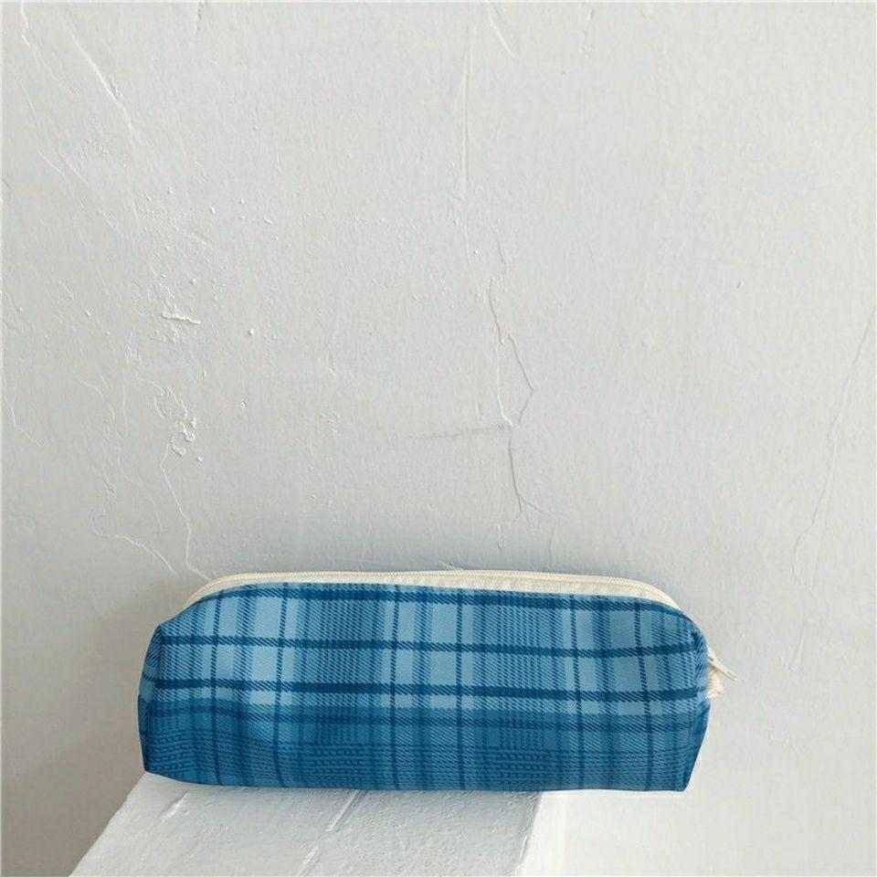 Blue and white checkered pencil case large capacity ins pencil case canvas retro checkered pencil case pencil box stationery bag